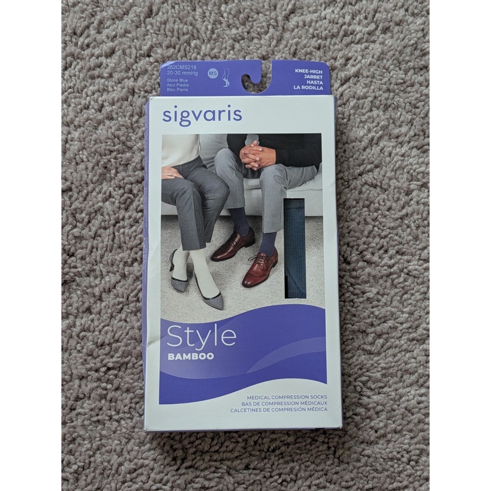 Sigvaris Mens Style Bamboo Compression Socks 20–30 mmHg Knee High Stone Blue NWT